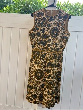 Vintage Sue Brett cream base olive and yellow  Floral dress mustard trim